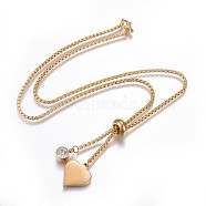 304 Stainless Steel Pendant Necklaces, with Box Chain, Rhinestone and Lobster Claw Clasps, Heart, Golden, 19.09 inch(48.5cm)(NJEW-P252-03G)