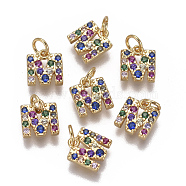 Brass Micro Pave Cubic Zirconia Charms, Letter, Colorful, Golden, Letter.M, 7.8x7x1.7mm, Hole: 2mm(ZIRC-L070-38M-G)