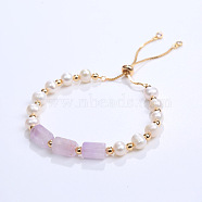 Natural Amethyst & Plastic Imitation Pearl Bead Slider Bracelets, Adjustable Brass Bead Bracelets for Women, (AT8786-4)