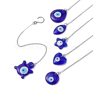 6Pcs 6 Styles Glass Evil Eye Pendant Decorations, with 304 Stainless Steel Cable Chains and Stainless Steel S-Hook Clasps, Mixed Shapes, Blue, 220~230mm, 1pc/style(HJEW-JM01294)