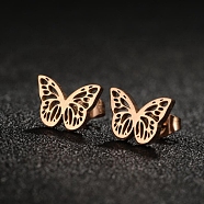 304 Stainless Steel Stud Earrings with 316 Surgical Stainless Steel Pins, Hollow Butterfly, Rose Gold, 9x13mm(PW-WG57925-03)