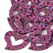 Printed Basswood Pendants, Back Random Color, Heart, Hot Pink, 33.5x39.5x3mm, Hole: 1.4mm(X-WOOD-S045-012A)