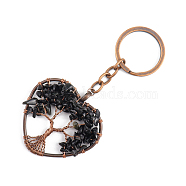 Natural Obsidian Pendant Keychains, with Brass Findings and Alloy Key Rings, Heart with Tree of Life, 10.7cm(HEAR-PW0001-148B)