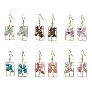 Dyed Natural Mixed Gemstone Chips Tree Dangle Earrings, Rectangle Real 18K Gold Plated Brass Drop Earrings with 304 Stainless Steel Earring Pins, 44x16.5~17mm(EJEW-JE05734)