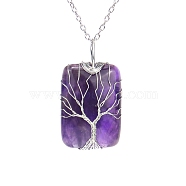 Natural Amethyst Pendant Necklace with Brass Cable Chains, Rectangle with Tree, 20.47 inch(52cm)(PW23042503034)