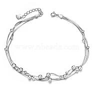 SHEGRACE 925 Sterling Silver Anklet with Triple Layered Chain and Beads, Platinum, 8-1/4 inch(21cm)(JA69A)