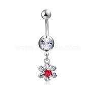 Eco-Friendly Brass Cubic Zirconia Navel Ring, Belly Rings, with 304 Stainless Steel Bar, Flower, Red, 37mm, Pin: 1.5mm(AJEW-EE0004-35B)