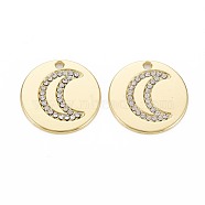 Rack Plating Alloy Pendants, with Crystal Rhinestone, Cadmium Free & Lead Free, Flat Round with Moon, Light Gold, 19x1.2mm, Hole: 1.6mm(PALLOY-S132-265-RS)