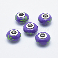 Handmade Polymer Clay European Beads, Large Hole Beads, Rondelle with Flower Pattern, Dark Violet, 13~16x8~11mm, Hole: 4.5~5mm(CLAY-K002-A46)