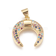 Brass Micro Pave Cubic Zirconia Pendants, Long-Lasting Plated, Lead Free & Cadmium Free & Nickel Free, Ox Horn Shape, Colorful, Real 18K Gold Plated, 20x18.5x3mm, Hole: 3.5x4mm(X-ZIRC-L078-056G-NR)