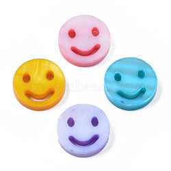 Natural Freshwater Shell Beads, Dyed, Flat Round with Smile Face, Mixed Color, 10x2.5mm, Hole: 0.8mm(SHEL-T017-43A)
