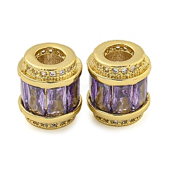 Rack Plating Brass Micro Pave Cubic Zirconia European Beads, Long-Lasting Plated, Lead Free & Cadmium Free, Column, Real 18K Gold Plated, Lilac, 11.5x10mm, Hole: 4.5mm(KK-F089-31G-04)