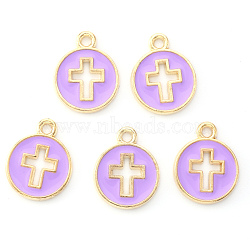 Light Gold Plated Alloy Enamel Pendants, Flat Round with Cross, Orchid, 15x12x1.5mm, Hole: 1.6mm(ENAM-R136-18C)