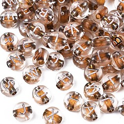 Transparent Sienna Acrylic Beads, Metal Enlaced, Horizontal Hole, Flat Round with White Random Letter, 7x4mm, Hole: 1.8mm(X-MACR-T038-07B)