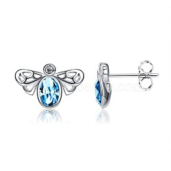 Brass Stud Earrings, with and Austrian Crystal, Bees, Platinum, 206_Sapphire, 10x15x2~3.5mm, Pin: 0.9mm(EJEW-BB35108)