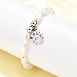 304 Stainless Steel Paw Print Charm Bracelets for Women, with Plastic Imitation Pearl Beads, Stainless Steel Color, 7 inch(17.9cm)(BJEW-C098-12P)