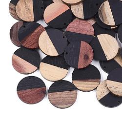 Resin & Walnut Wood Pendants, Flat Round, Black, 28.5x3.5~4mm, Hole: 1.5mm(RESI-S358-02B-08)