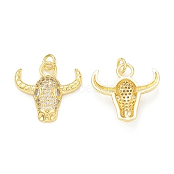 Rack Plating Brass Micro Pave Cubic Zirconia Pendants, with Jump Ring, Cadmium Free & Lead Free, Long-Lasting Plated, Cattle Head Charm, Real 18K Gold Plated, 24x25.5x5mm, Hole: 3mm(KK-C011-65G)