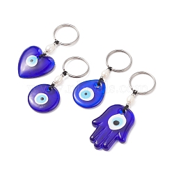 Handmade Lampwork Blue Evil Eye Keychain Key Ring, Natural Pearl Bead Lucky Eyes Charm for Good Luck and Protection, Mixed Shapes, 7.2~9.3cm, Pendant: 30~50x29~36x5~6.5mm(KEYC-JKC00385)