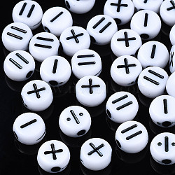 Opaque Acrylic Beads, Flat Round with Arithmetic Symbol, White, Mixed, 7x4mm, Hole: 1.8mm, about 367pcs/50g(X-SACR-S273-44)