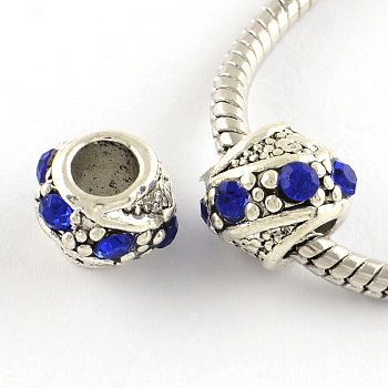 Barrel Antique Silver Plated Metal Alloy Rhinestone European Beads, Large Hole Beads, Sapphire, 10~11x9mm, Hole: 5mm