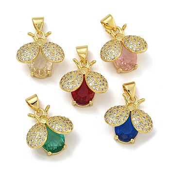 Rack Plating Brass Micro Pave Cubic Zirconia Pendants, with Glass, Long-Lasting Plated, Cadmium Free & Lead Free, Real 18K Gold Plated, Ladybug, Mixed Color, 16.5x16x9mm, Hole: 3.5x4.5mm