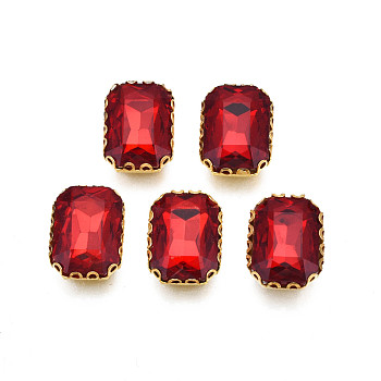 Sew on Rhinestone, Transparent Glass Rhinestones, with Iron Prong Settings, Faceted, Rectangle, Crimson, 15x11x5.5mm, Hole: 1mm