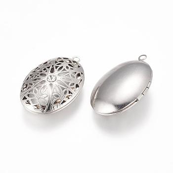 304 Stainless Steel Diffuser Locket Pendants, with Crystal Rhinestone, Photo Frame Charms for Necklaces, Oval, Stainless Steel Color, 39x26x10.5mm, Hole: 2mm, Inner Size: 18.5x27.5mm
