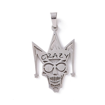 201 Stainless Steel Pendants, Clown Skull with Word Crazy, Stainless Steel Color, 38.5x23.5x1.5mm, Hole: 4x6mm