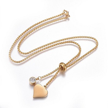 304 Stainless Steel Pendant Necklaces, with Box Chain, Rhinestone and Lobster Claw Clasps, Heart, Golden, 19.09 inch(48.5cm)