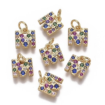Brass Micro Pave Cubic Zirconia Charms, Letter, Colorful, Golden, Letter.M, 7.8x7x1.7mm, Hole: 2mm