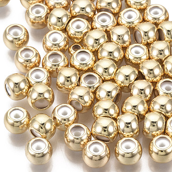 Brass Beads, with Rubber Inside, Slider Beads, Stopper Beads, Nickel Free, Round, Real 18K Gold Plated, 6x4.5mm, Hole: 2.5mm, Rubber Hole: 1.2mm