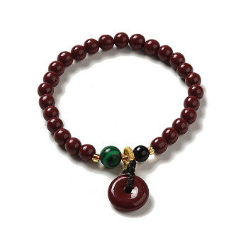 6mm Round Cinnabar Mala Stretch Bracelets, with Synthetic Malachite and Natural Agate, Ring, Inner Diameter: 2 inch(4.95~5.1cm)