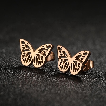 304 Stainless Steel Stud Earrings with 316 Surgical Stainless Steel Pins, Hollow Butterfly, Rose Gold, 9x13mm