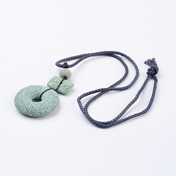 Lava Rock Pendant Necklaces, with Cotton Cord, Dark Sea Green, 15.1 inch(38.5cm)