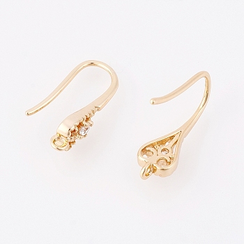 Brass Earring Hooks, with Cubic Zirconia and Horizontal Loop, Teardrop, Nickel Free, Real 18K Gold Plated, 16x5x3mm, Hole: 1mm, Pin: 1mm