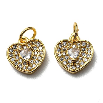 Brass Micro Pave Clear Cubic Zirconia Charms, with Jump Rings, Cadmium Free & Lead Free, Heart, Real 18K Gold Plated, 10x10x3mm, Hole: 3.5mm