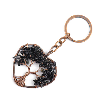 Natural Obsidian Pendant Keychains, with Brass Findings and Alloy Key Rings, Heart with Tree of Life, 10.7cm