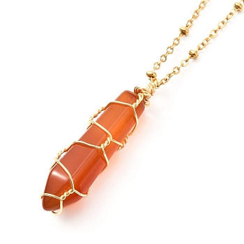 Double Pointed Natural Carnelian Pendant Necklace, Copper Wire Wrap Pendant and 304 Stainless Steel Findings Necklace, Golden, Bullet, 15.94 inch(40.5cm)