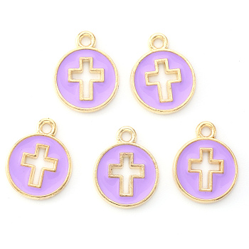 Light Gold Plated Alloy Enamel Pendants, Flat Round with Cross, Orchid, 15x12x1.5mm, Hole: 1.6mm