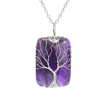 Natural Amethyst Pendant Necklace with Brass Cable Chains, Rectangle with Tree, 20.47 inch(52cm)