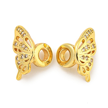 Brass Cubic Zirconia Beads, Long-Lasting Plated, Lead Free & Cadmium Free, Butterfly, Real 18K Gold Plated, 15x8x9mm, Hole: 3mm