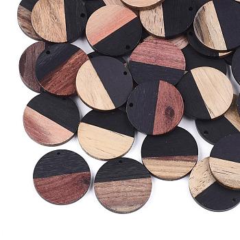 Resin & Walnut Wood Pendants, Flat Round, Black, 28.5x3.5~4mm, Hole: 1.5mm
