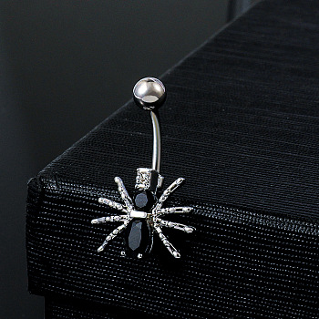 Spider 304 Stainless Steel Micro Pave Cubic Zirconia Belly Rings, Platinum, Black, 30mm