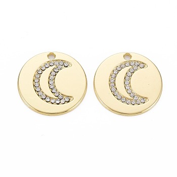 Rack Plating Alloy Pendants, with Crystal Rhinestone, Cadmium Free & Lead Free, Flat Round with Moon, Light Gold, 19x1.2mm, Hole: 1.6mm