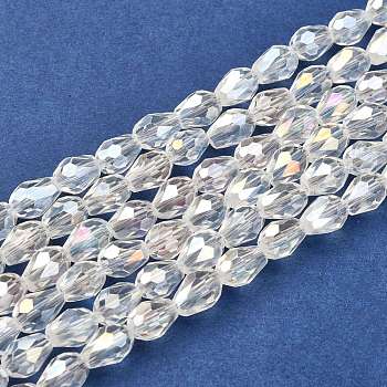 Electroplate Glass Faceted teardrop, Beads Strands, AB Color Plated, Clear AB, 7x5mm, about 65~67pcs/strand, 18~18.5 inch(45.5~46.9cm)