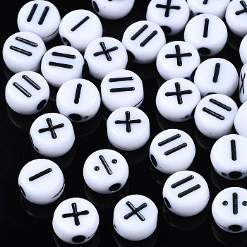 Opaque Acrylic Beads, Flat Round with Arithmetic Symbol, White, Mixed, 7x4mm, Hole: 1.8mm, about 367pcs/50g