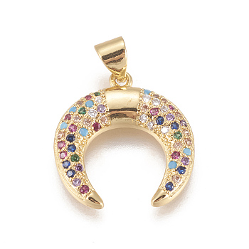 Brass Micro Pave Cubic Zirconia Pendants, Long-Lasting Plated, Lead Free & Cadmium Free & Nickel Free, Ox Horn Shape, Colorful, Real 18K Gold Plated, 20x18.5x3mm, Hole: 3.5x4mm