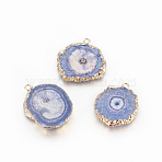 Natural Dyed Quartz Pendants, Solar Quartz, with Hand Polished Golden Plated Edge Brass Findings, Flat Round, Light Steel Blue, 25~42x22~23x4~6mm, Hole: 2.5mm(G-P399-B08)