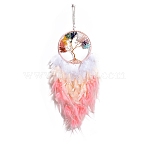 Iron & Natural Gemstone Woven Web/Net with Feather Pendant Decorations, Flat Round with Tree of Life, Packaging: 320x180mm(PW-WG69226-05)
